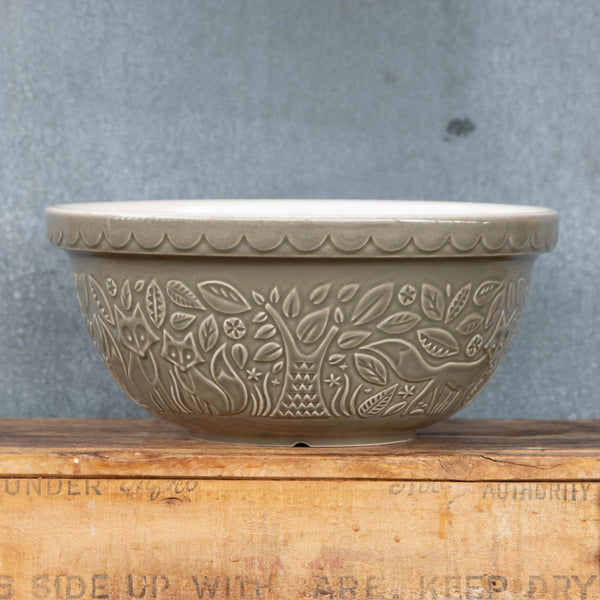 Mason Cash In the Forest earthenware mixing bowl, embossed woodland fox pattern, grey coloured exterior, and cream interior. 