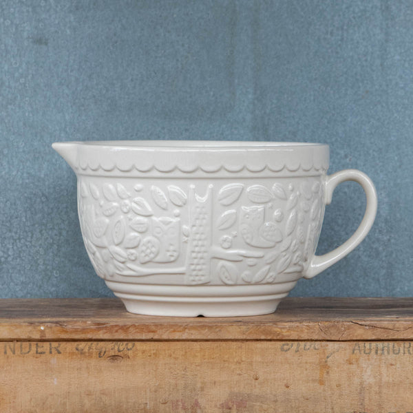 Mason Cash In the Forest Batter Bowl, perfect for making Sunday pancakes or one bowl cakes. Part of the Mason Cash In the Forest range, the cream coloured bowl is embossed with forest scenes, featuring an owl motif, inspired by folk tales of the mid-19th Century.