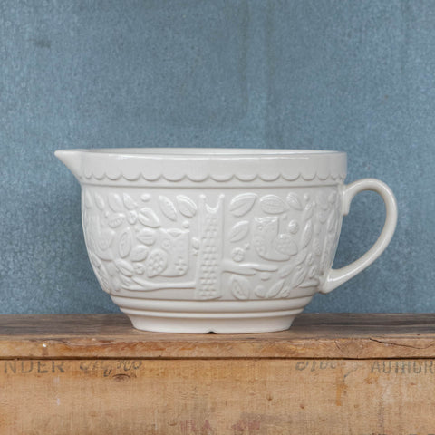 Mason Cash In the Forest Batter Bowl, perfect for making Sunday pancakes or one bowl cakes. Part of the Mason Cash In the Forest range, the cream coloured bowl is embossed with forest scenes, featuring an owl motif, inspired by folk tales of the mid-19th Century.