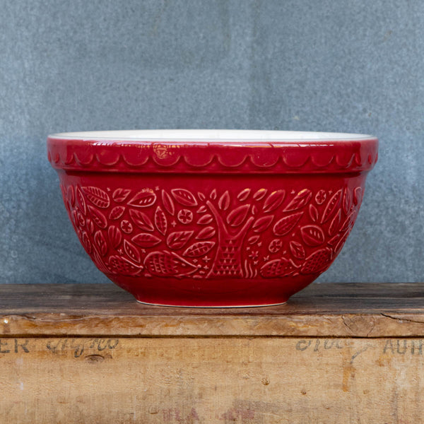 Mason Cash In the Forest red ceramic mixing bowl with woodland hedgehog embossed pattern. 