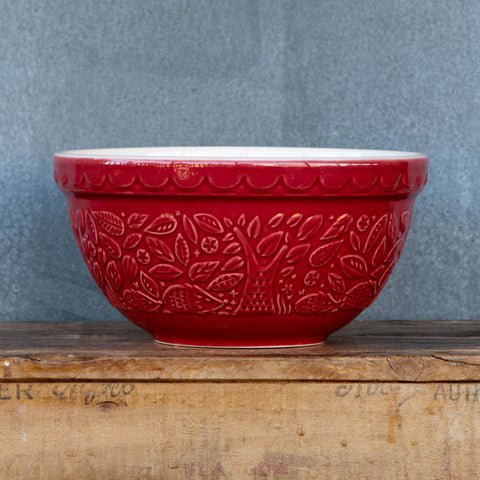 Mason Cash In the Forest red ceramic mixing bowl with woodland hedgehog embossed pattern. 