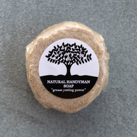 Natural handyman soap with great grease cutting power. Made with vegetable oil, coconut oil, purified water, and lye combined with natural exfoliants of ground walnut shell, pumice stone, sandalwood powder, poppy seeds, Australian clay, and essential oils including lemon eucalyptus for grease cutting. Gentle enough on sensitive skin.