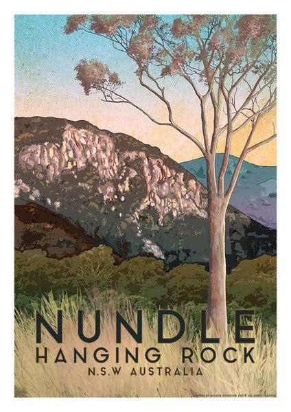 An A3 Art Print capturing the natural beauty of the Hanging Rock landmark rock outcrop, The Hanging Rock, by Nundle artist Natasha Soonchild.