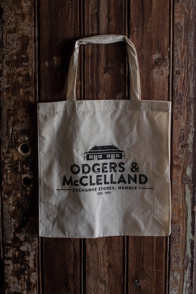 Reusable calico bag, screenprinted both sides with our Odgers and McClelland Exchange Stores logo. You can't have enough reusable shopping bags. Leave them in the car to use when shopping for groceries, unpack, and return to the car so they are always on hand. 