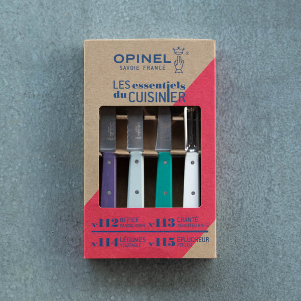 Opinel's kitchen essentials set with stainless steel blades, available in Art Deco colourway handles. The set includes a peeler and three knives for prepping food in the kitchen; a paring knife no. 112, serrated knife no. 113, vegetable knife no. 114, and peeler no. 115. Dishwasher safe.