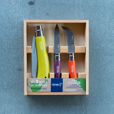 Opinel's Gardening Tools Gift Set will make a gardener very happy. It includes three tools, a Saw No. 12, Garden Knife No. 8, and Pruning and Grafting Knife No. 8, attractively packaged in a timber box with a clear perspex slide on lid. 