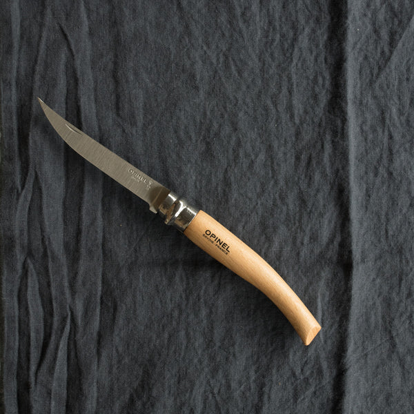 An Opinel fish filleting pocket knife with slimline stainless blade and beech handle. Available in four sizes 8cm, $27.95, 10cm, $29.95, 12cm, $34.95 and 15cm, $37.95. Made in France since 1890, Opinel knives are reliable, robust and easy to use. They have a trademark safety ring, which locks the blade in the open or closed position.