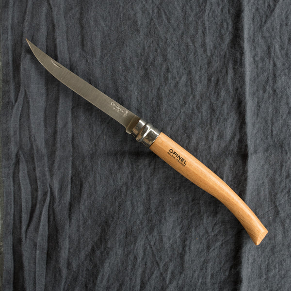 An Opinel fish filleting pocket knife with slimline stainless blade and beech handle. Available in four sizes 8cm, $27.95, 10cm, $29.95, 12cm, $34.95 and 15cm, $37.95. Made in France since 1890, Opinel knives are reliable, robust and easy to use. They have a trademark safety ring, which locks the blade in the open or closed position.
