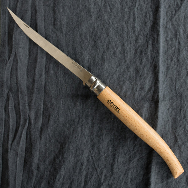 An Opinel fish filleting pocket knife with slimline stainless blade and beech handle. Available in four sizes 8cm, $27.95, 10cm, $29.95, 12cm, $34.95 and 15cm, $37.95. Made in France since 1890, Opinel knives are reliable, robust and easy to use. They have a trademark safety ring, which locks the blade in the open or closed position.