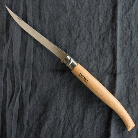 An Opinel fish filleting pocket knife with slimline stainless blade and beech handle. Available in four sizes 8cm, $27.95, 10cm, $29.95, 12cm, $34.95 and 15cm, $37.95. Made in France since 1890, Opinel knives are reliable, robust and easy to use. They have a trademark safety ring, which locks the blade in the open or closed position.