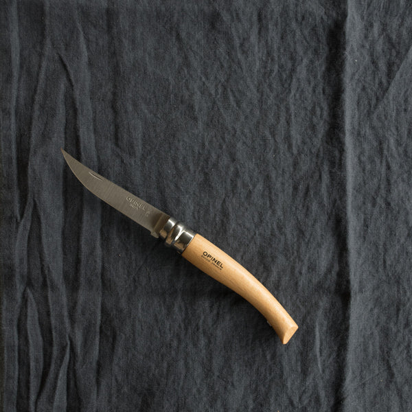 An Opinel fish filleting pocket knife with slimline stainless blade and beech handle. Available in four sizes 8cm, $27.95, 10cm, $29.95, 12cm, $34.95 and 15cm, $37.95. Made in France since 1890, Opinel knives are reliable, robust and easy to use. They have a trademark safety ring, which locks the blade in the open or closed position.