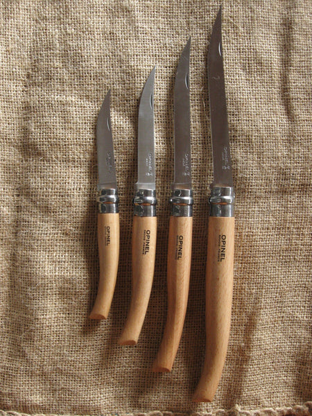 An Opinel fish filleting pocket knife with slimline stainless blade and beech handle. Available in four sizes 8cm, $27.95, 10cm, $29.95, 12cm, $34.95 and 15cm, $37.95. Made in France since 1890, Opinel knives are reliable, robust and easy to use. They have a trademark safety ring, which locks the blade in the open or closed position.