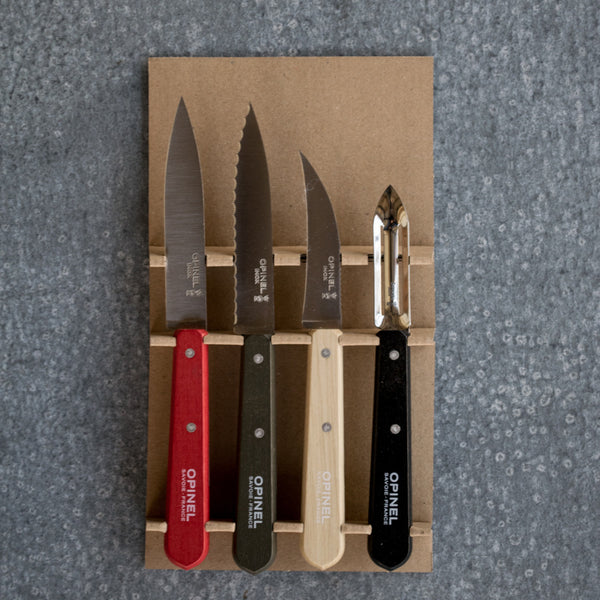 A useful and beautiful gift for the cook, Opinel's kitchen essentials set with stainless steel blades, available in beechwood, loft or fluoro colourway handles. 