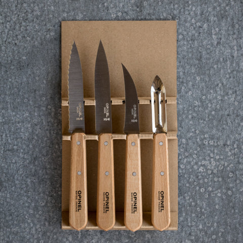 A useful and beautiful gift for the cook, Opinel's kitchen essentials set with stainless steel blades, available in beechwood, loft or fluoro colourway handles. 