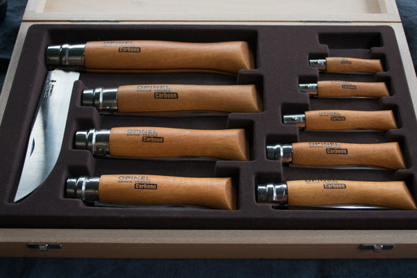 Well cared for, Opinel pocket knives with a carbon steel blade and beech timber handle, will be a faithful companion in the bush and garden for decades. Opinel knives from size 6 up have a trademark Viroblok safety ring, which locks the blade in the open or closed position.