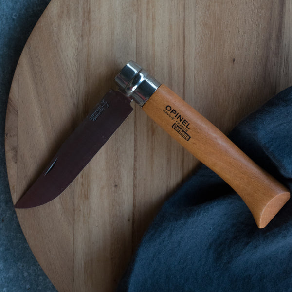 Well cared for, Opinel pocket knives with a carbon steel blade and beech timber handle, will be a faithful companion in the bush and garden for decades. Opinel knives from size 6 up have a trademark Viroblok safety ring, which locks the blade in the open or closed position.
