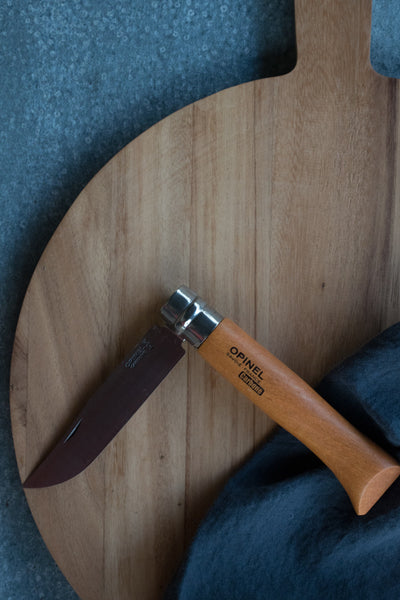 Well cared for, Opinel pocket knives with a carbon steel blade and beech timber handle, will be a faithful companion in the bush and garden for decades. Opinel knives from size 6 up have a trademark Viroblok safety ring, which locks the blade in the open or closed position.