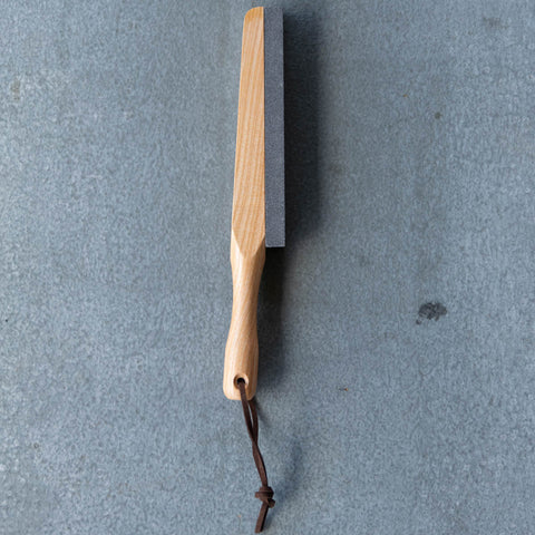 Tool Sharpening Stone with silica carbide stone and Ashwood handle for keeping stainless steel spades and hoes sharp.