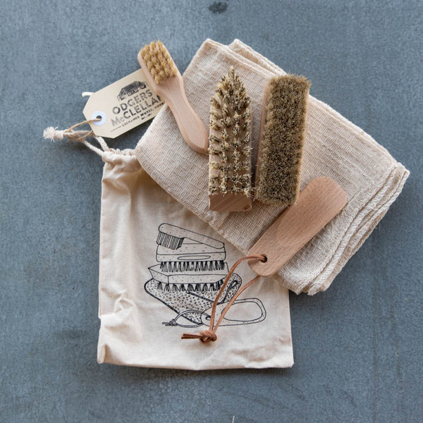 Shoe Care Essentials Kit, contains five tools to keep shoes looking their best, including union fibre cleaning brush with pointed end, shoe polish applicator brush, polishing brush with light horsehair, unbleached honeycomb finishing cloth, and travel shoe horn.