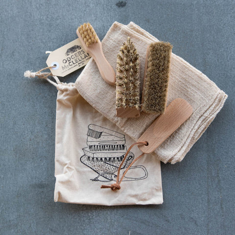 Shoe Care Essentials Kit, contains five tools to keep shoes looking their best, including union fibre cleaning brush with pointed end, shoe polish applicator brush, polishing brush with light horsehair, unbleached honeycomb finishing cloth, and travel shoe horn.