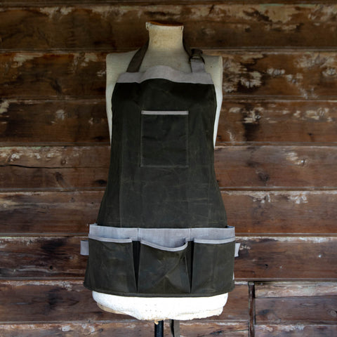 Gardening Apron made from waxed canvas and suede to protect clothes in the garden or workshop. 