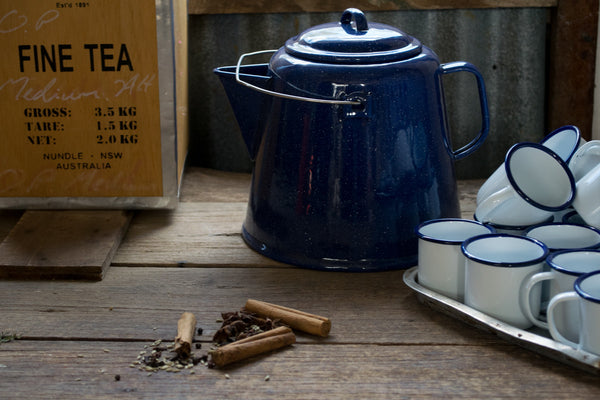 For when you are making tea for a crowd or need off the grid hot water, a Falcon enamel 4.5 litre jumbo teapot for direct use on the wood, gas or electric stove. Available in cobalt blue with white speckle.