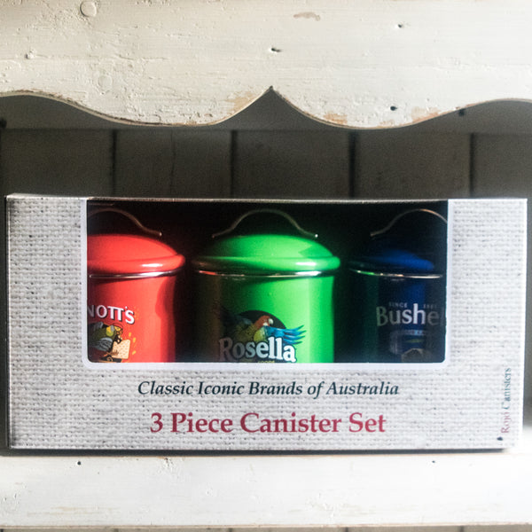 We love the pop of colour and sense of humour offered by our set of three Australian icon canisters. The three boxed canisters, feature vintage advertising brands Arnott's, Rosella, and Bushells.