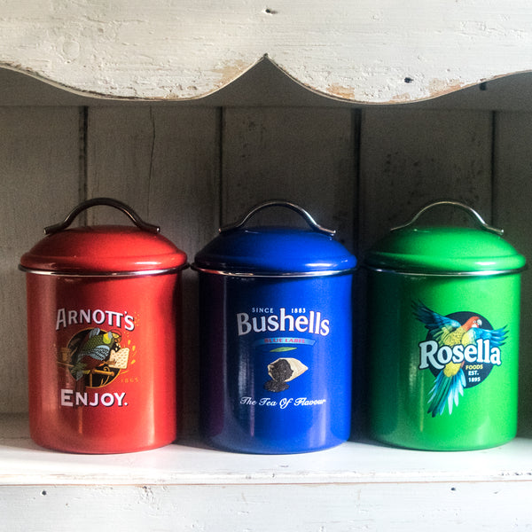 We love the pop of colour and sense of humour offered by our set of three Australian icon canisters. The three boxed canisters, feature vintage advertising brands Arnott's, Rosella, and Bushells.